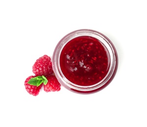 Jar with delicious raspberry jam on white background