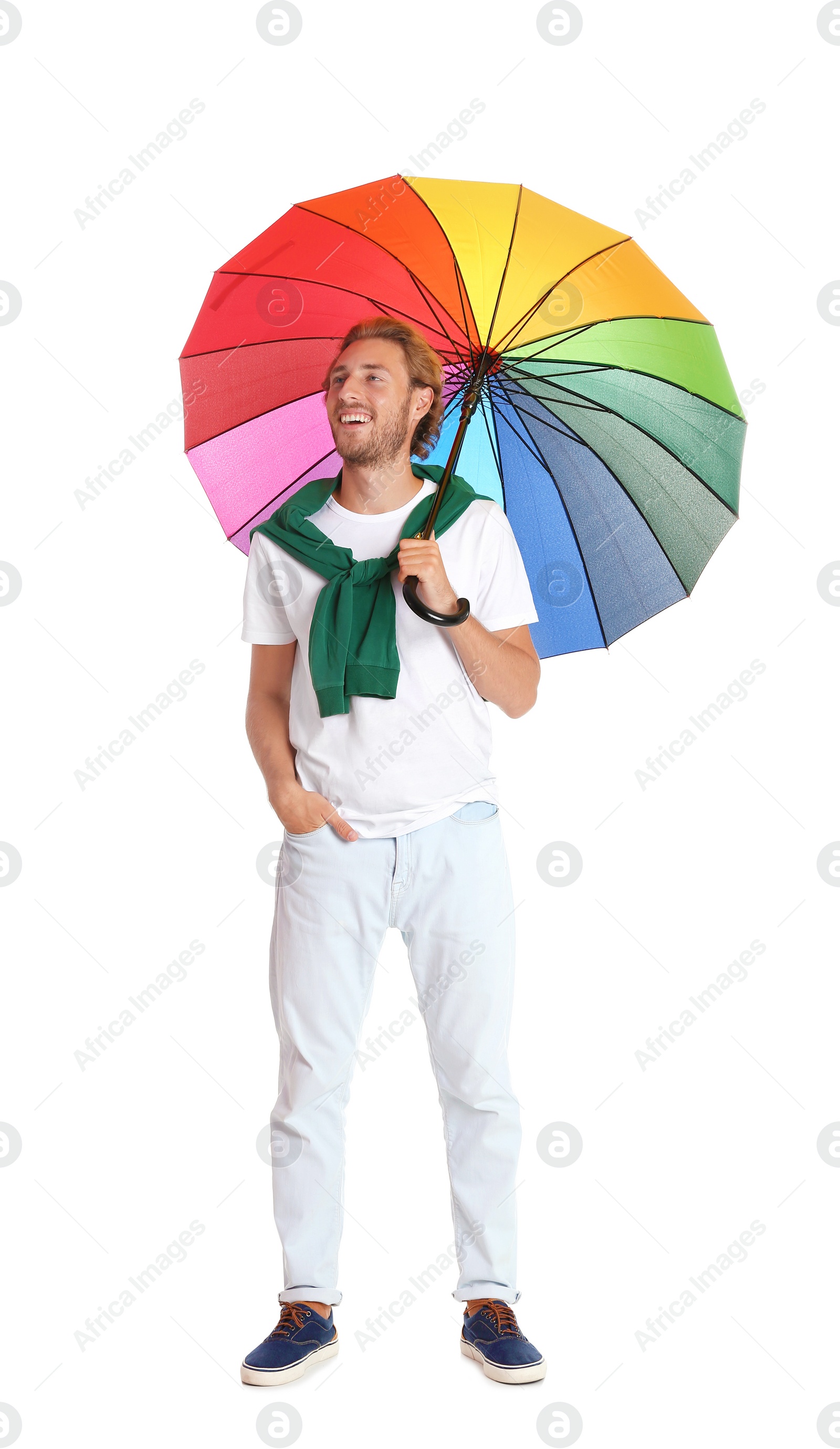 Photo of Man with rainbow umbrella on white background