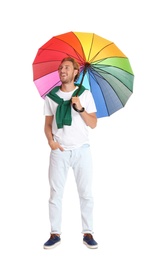 Photo of Man with rainbow umbrella on white background