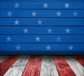 Image of 4th of July - USA Independence Day. Empty room decorated in style of American flag, space for design