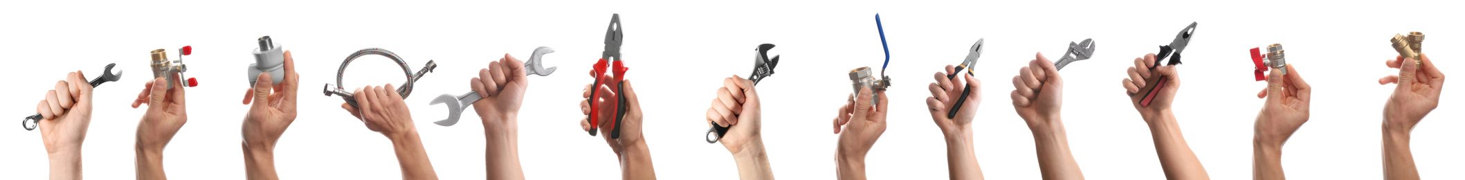 Image of Set with photos of plumbers holding different tools on white background, closeup. Banner design 