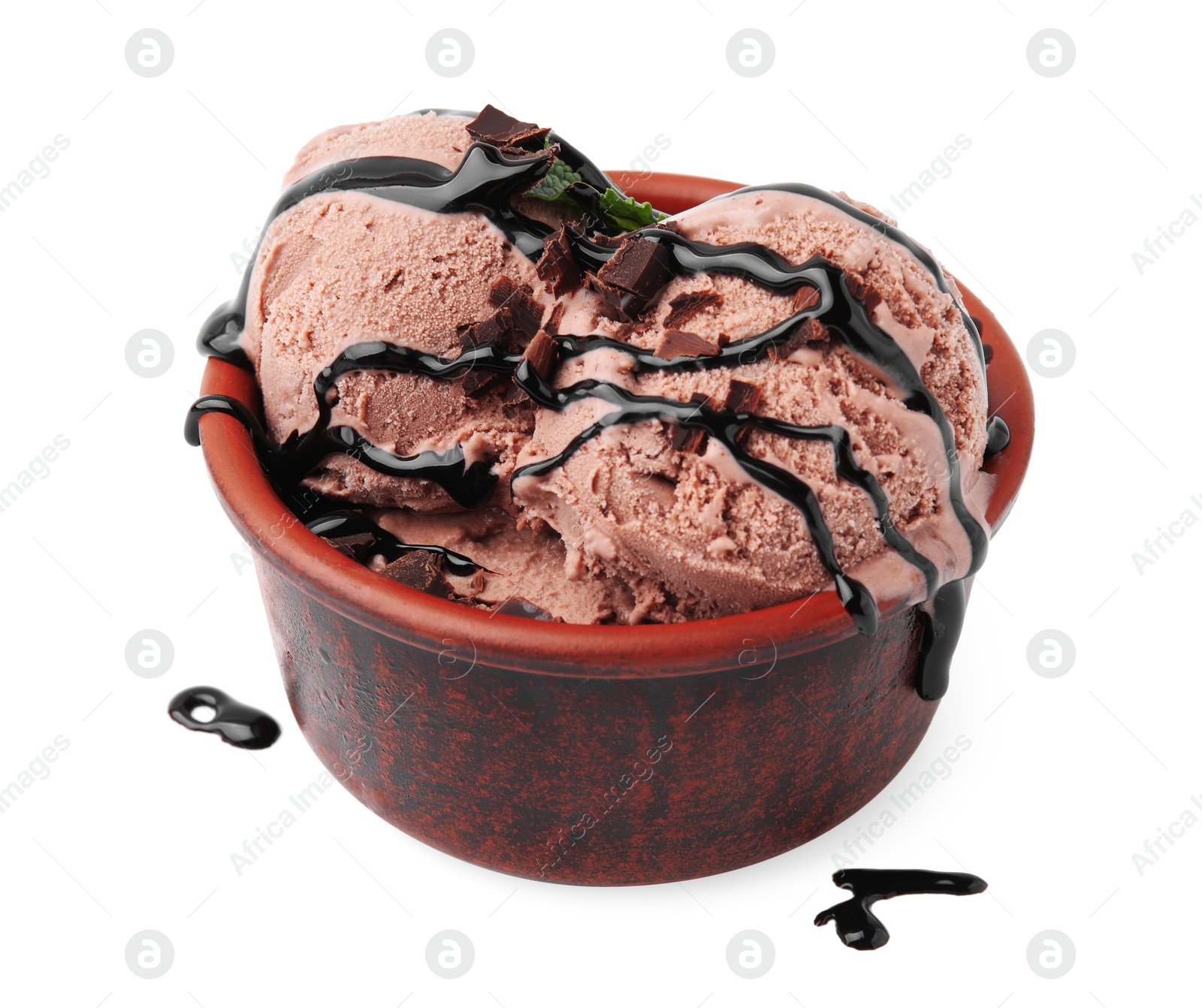 Photo of Bowl of tasty ice cream with chocolate chunks and syrup isolated on white