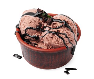 Bowl of tasty ice cream with chocolate chunks and syrup isolated on white