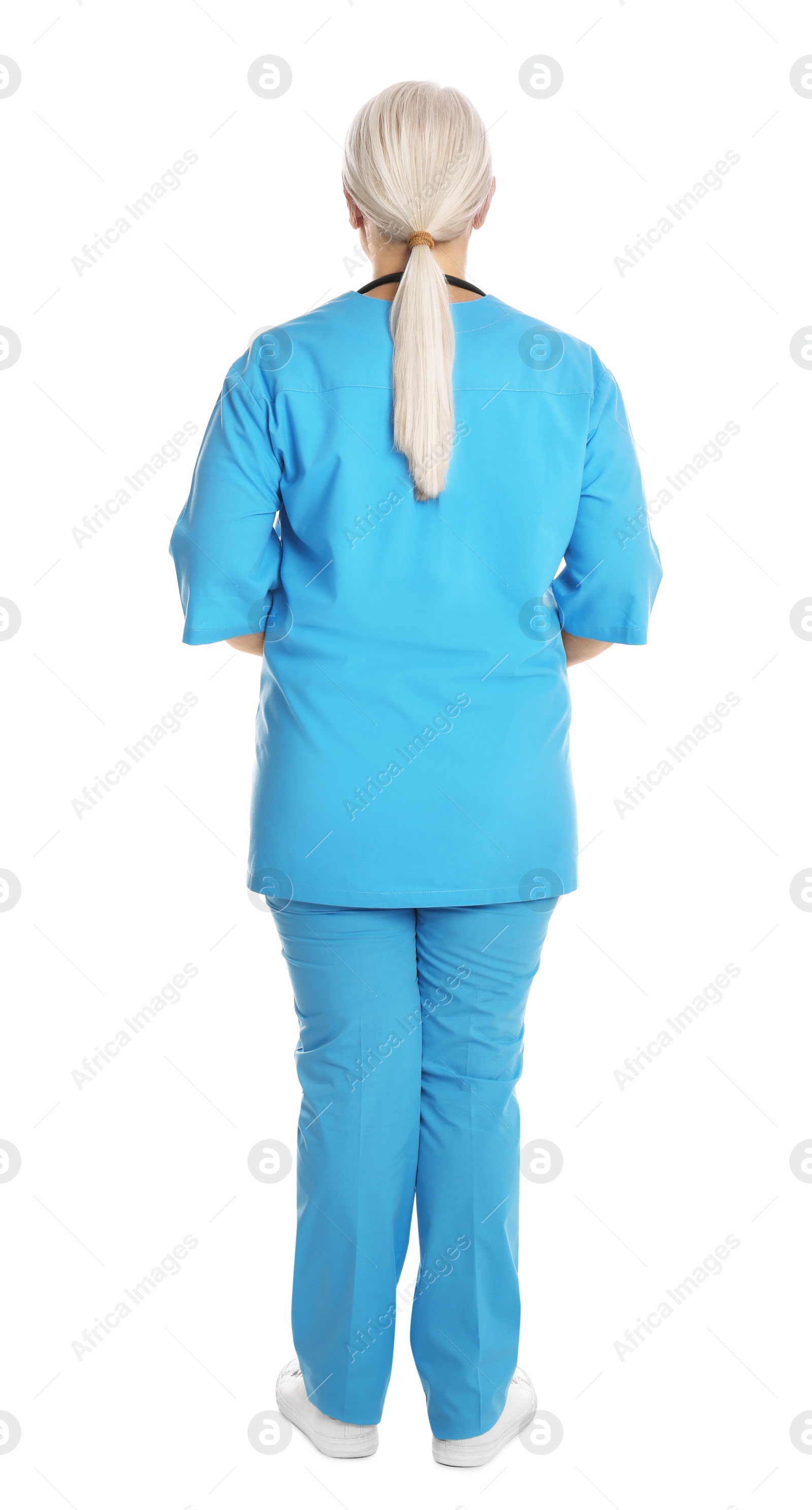 Photo of Doctor in blue uniform on white background