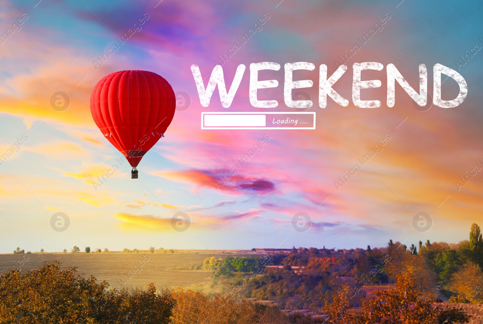 Image of Weekend coming soon. Illustration of progress bar and beautiful view of hot air balloon flying over countryside