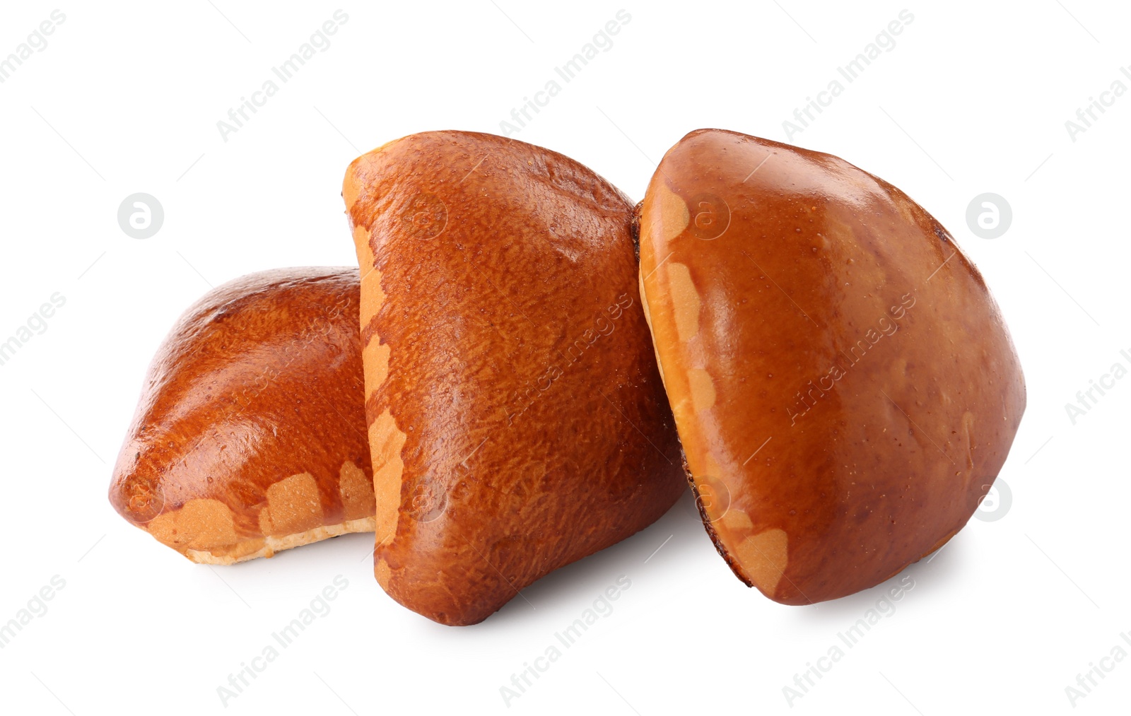 Photo of Many delicious baked patties on white background