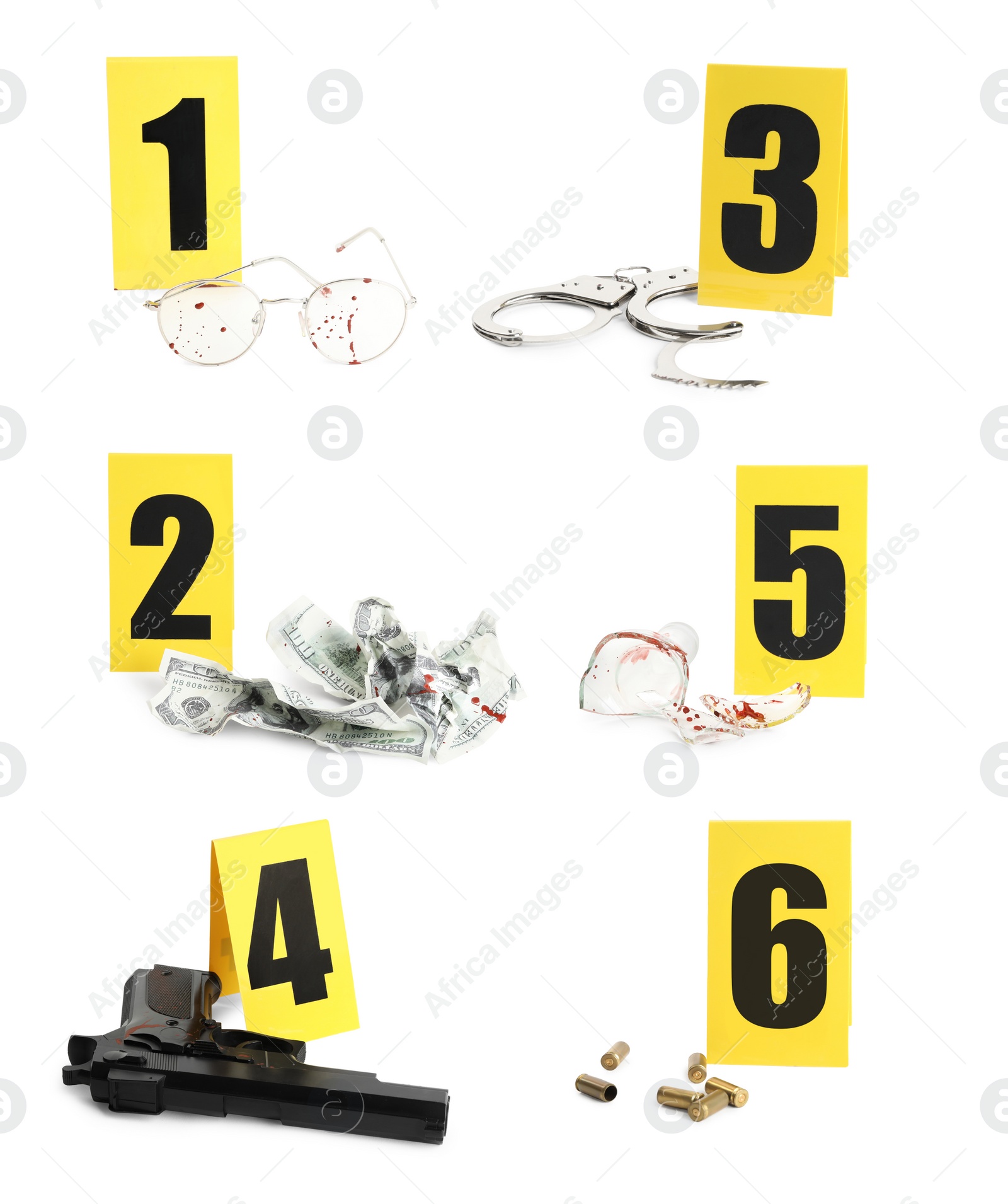 Image of Crime scene investigation. Set of evidence identification markers and clues on white background