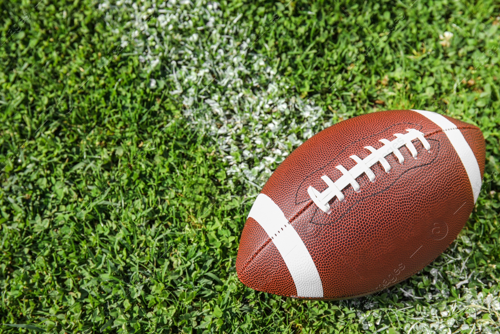 Photo of Ball for American football on fresh green field grass. Space for text