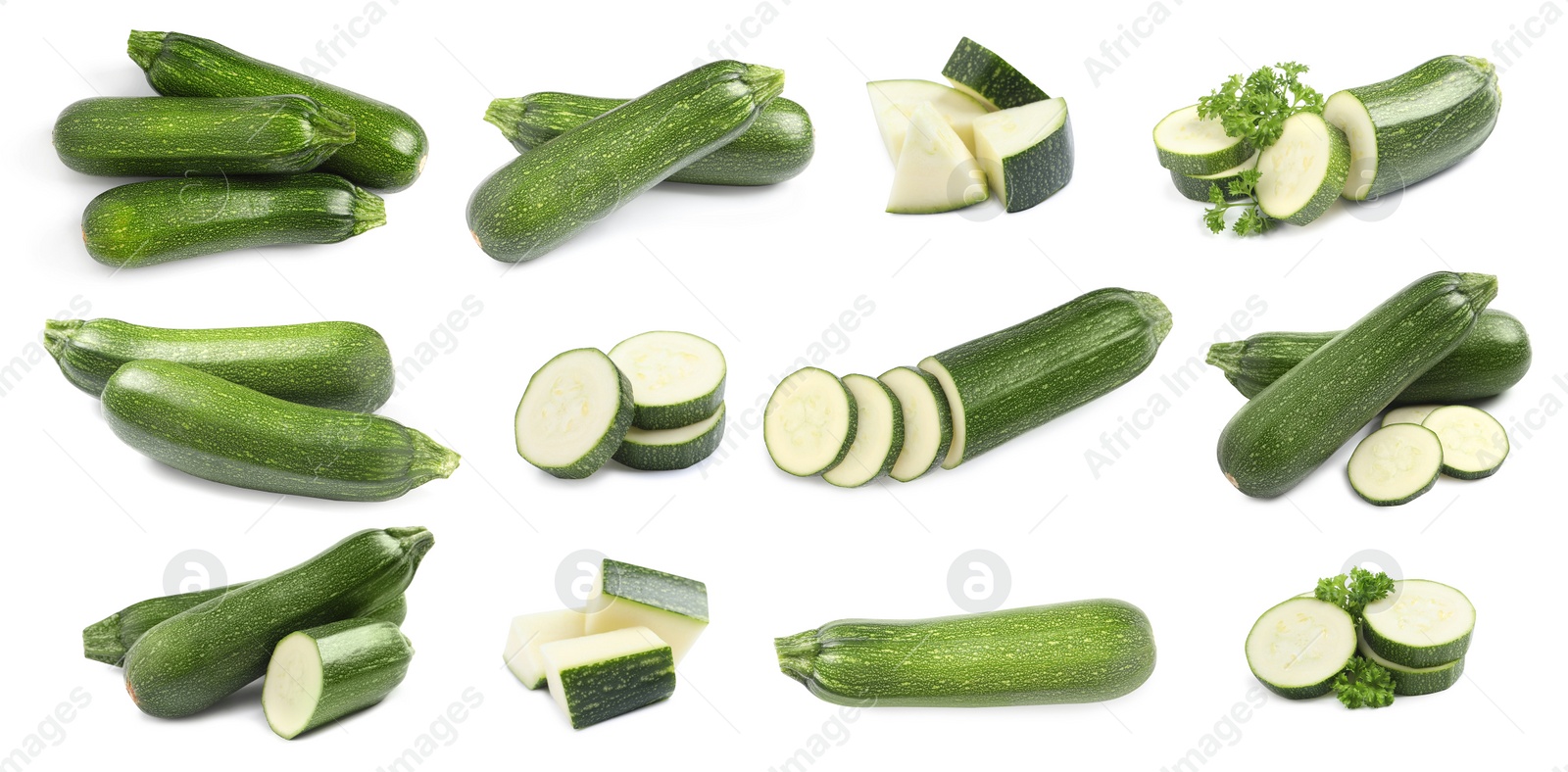 Image of Set of fresh ripe zucchinis on white background. Banner design