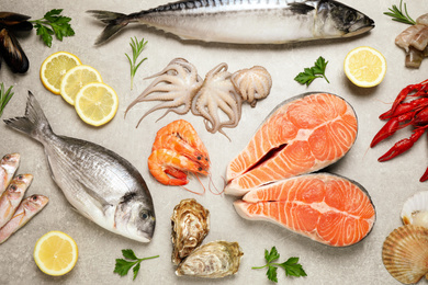 Photo of Fresh fish and seafood on light grey table, flat lay