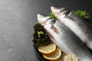 Photo of Fresh raw sea bass fish and ingredients on black table, space for text