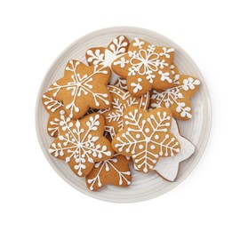 Photo of Tasty star shaped Christmas cookies with icing isolated on white, top view