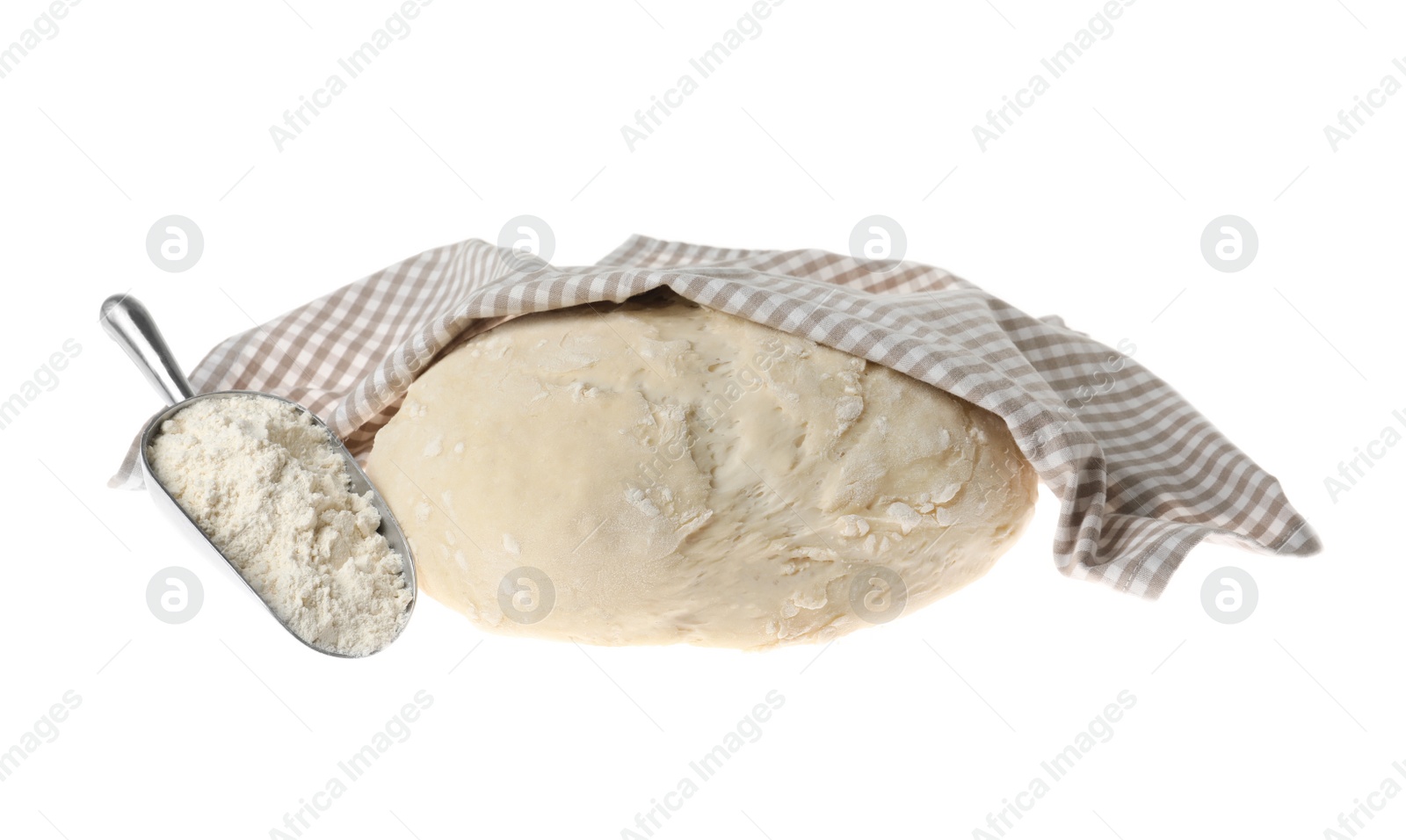 Photo of Raw dough for pastries with flour and napkin isolated on white