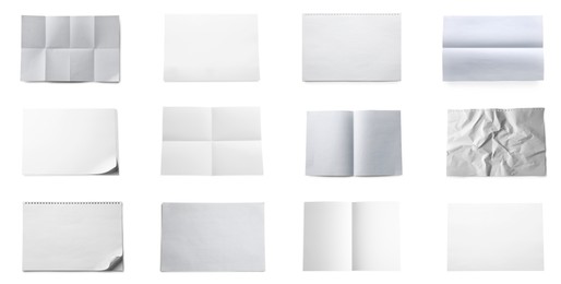 Image of Set with different blank paper sheets on white background, top view