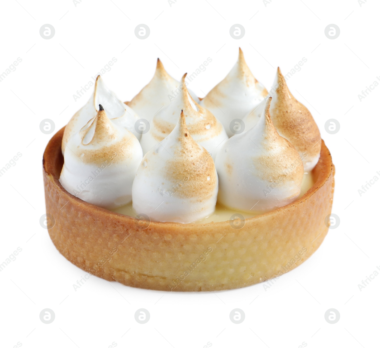 Photo of Tartlet with lemon curd and meringue isolated on white. Delicious dessert