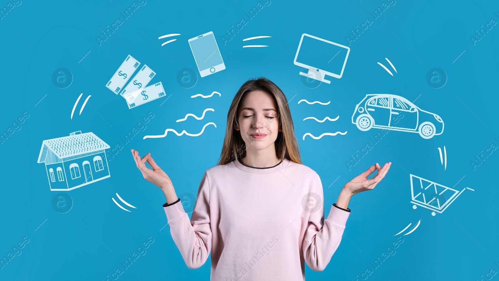 Image of Calm happy woman and illustration of different tasks around her on blue background. Balance in life  