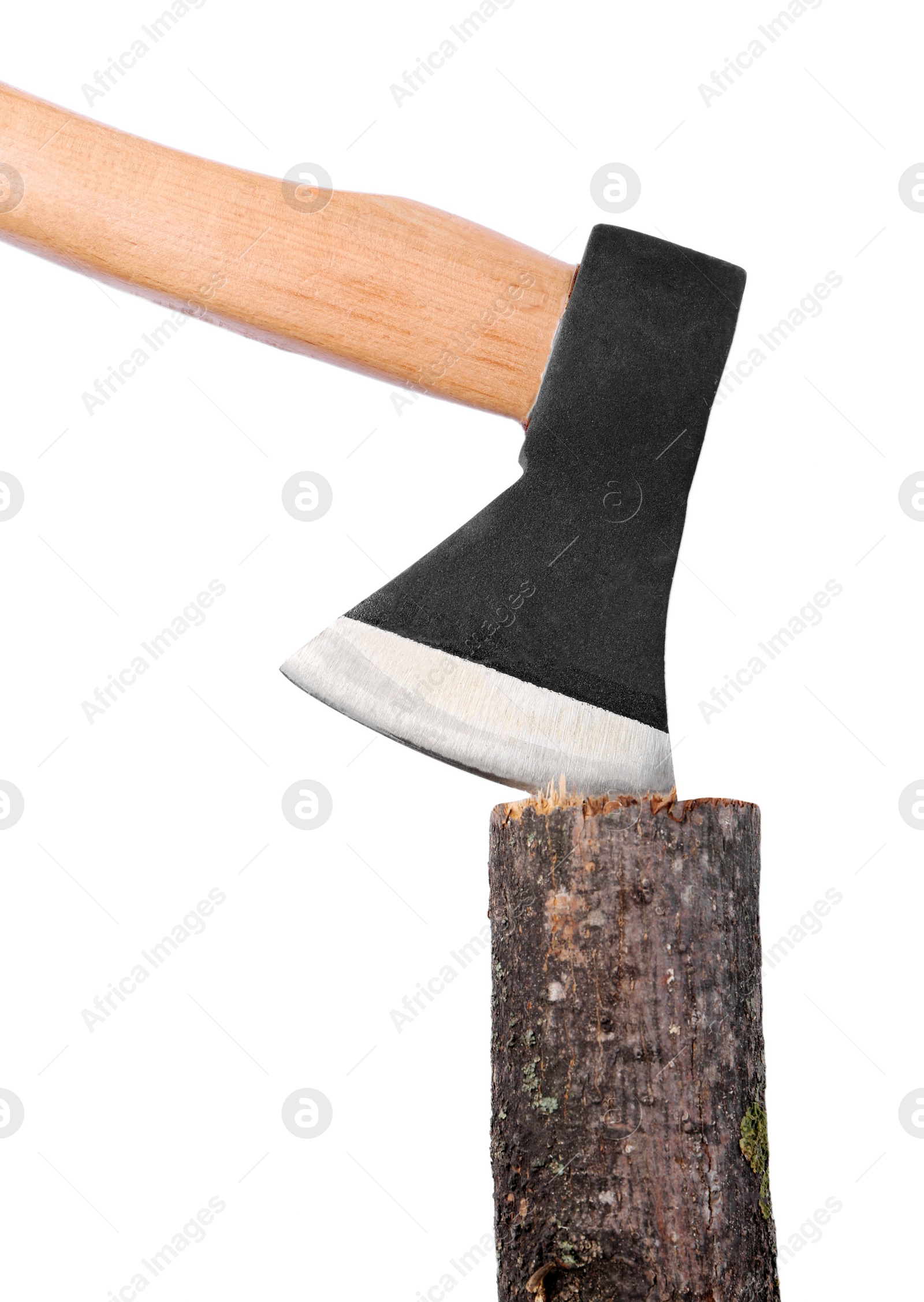 Photo of Metal ax in wood log on white background