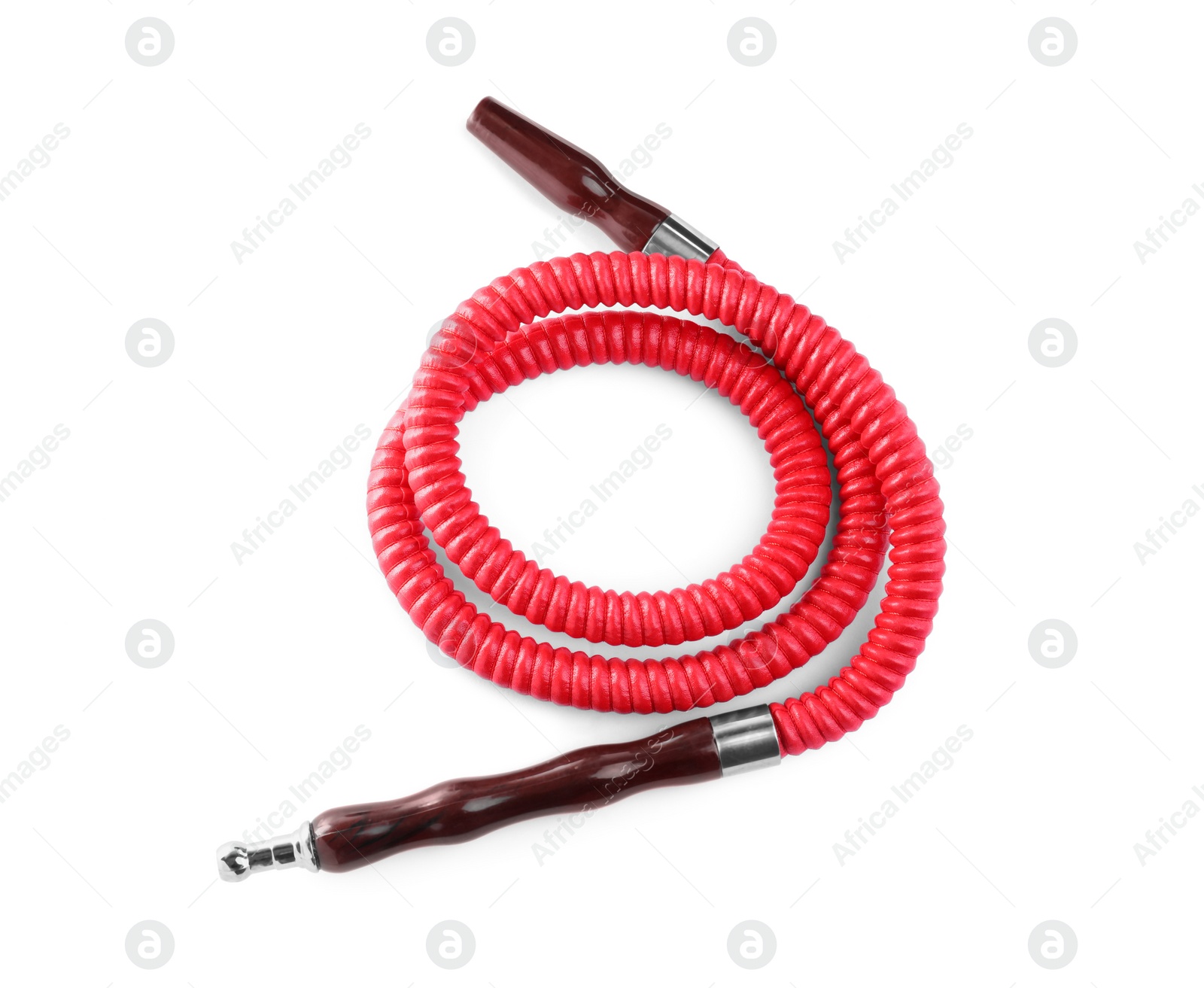 Photo of Modern red hookah hose isolated on white, top view