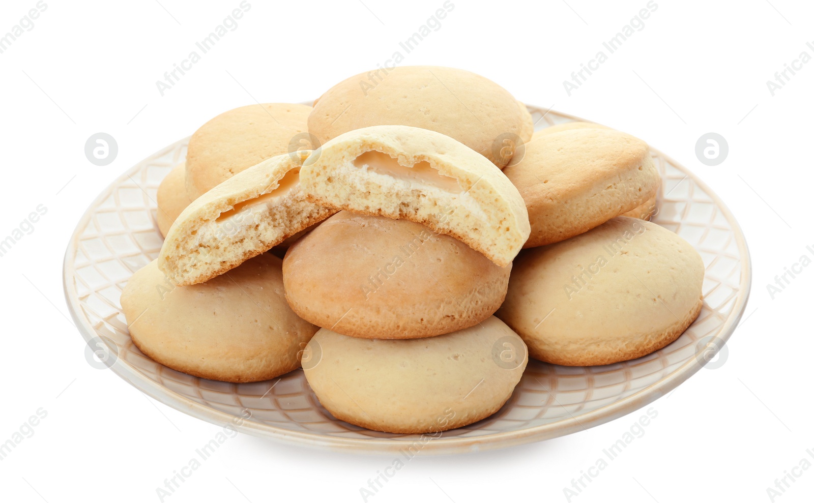 Photo of Plate with cookies for Islamic holidays isolated on white. Eid Mubarak