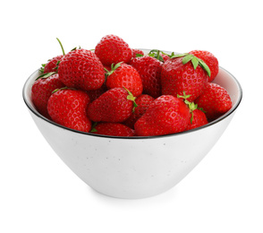 Photo of Ripe strawberries in bowl isolated on white