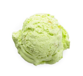 Photo of Scoop of delicious pistachio ice cream on white background, top view