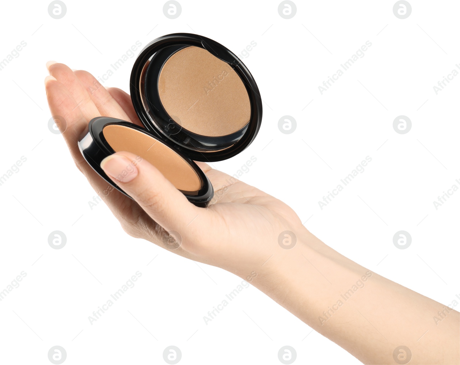 Photo of Woman holding black pocket powder with mirror on white background, closeup. Cosmetic product