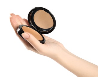 Woman holding black pocket powder with mirror on white background, closeup. Cosmetic product