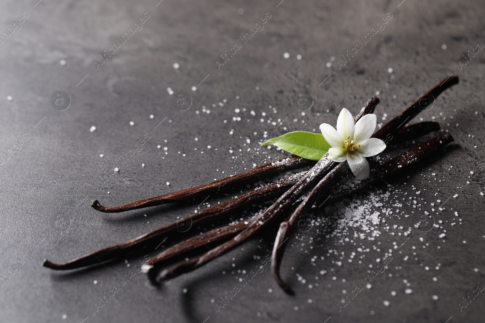 Photo of Vanilla pods, flower, leaf and sugar on grey textured table, closeup