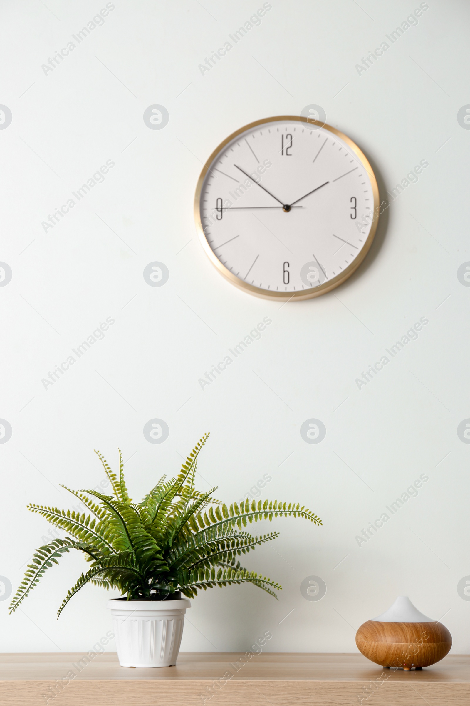 Photo of Modern aroma lamp and houseplant on wooden table near light wall