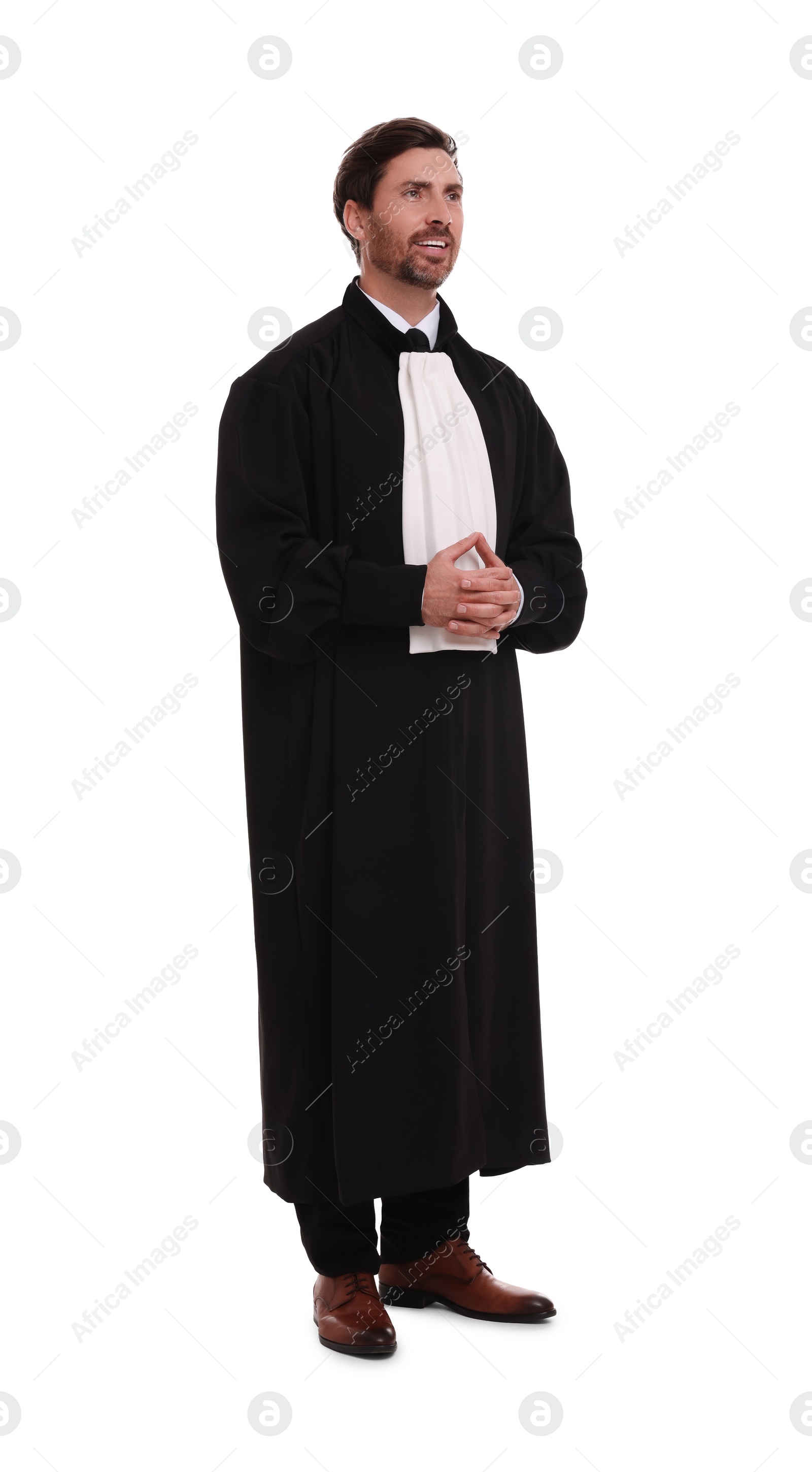 Photo of Smiling judge in court dress on white background