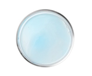 Photo of Petri dish with light blue liquid isolated on white, top view