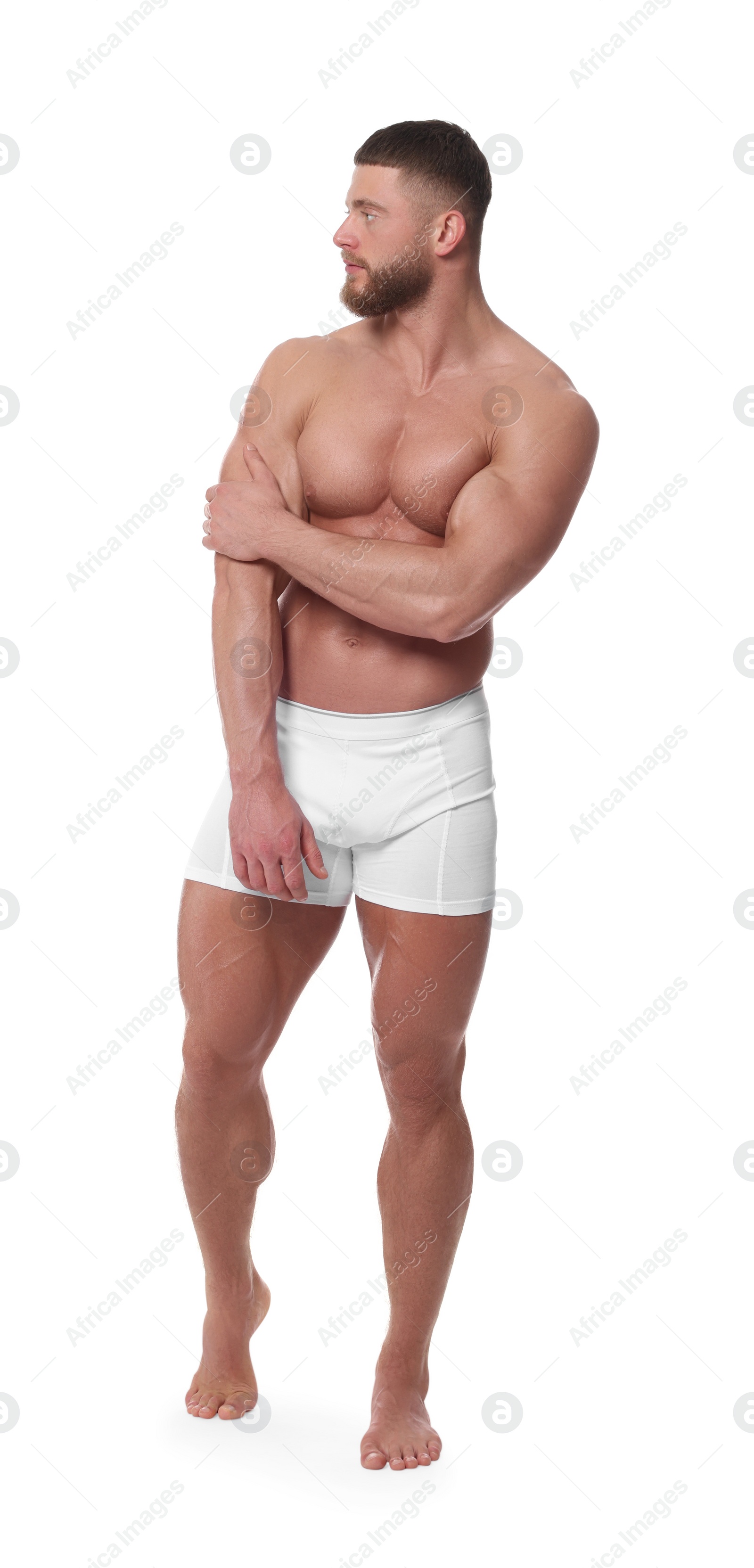 Photo of Young man is stylish underwear on white background