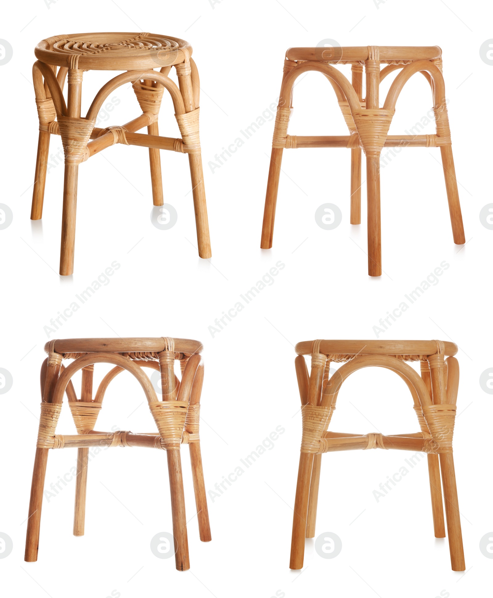 Image of Set with wooden stools on white background