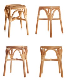 Image of Set with wooden stools on white background