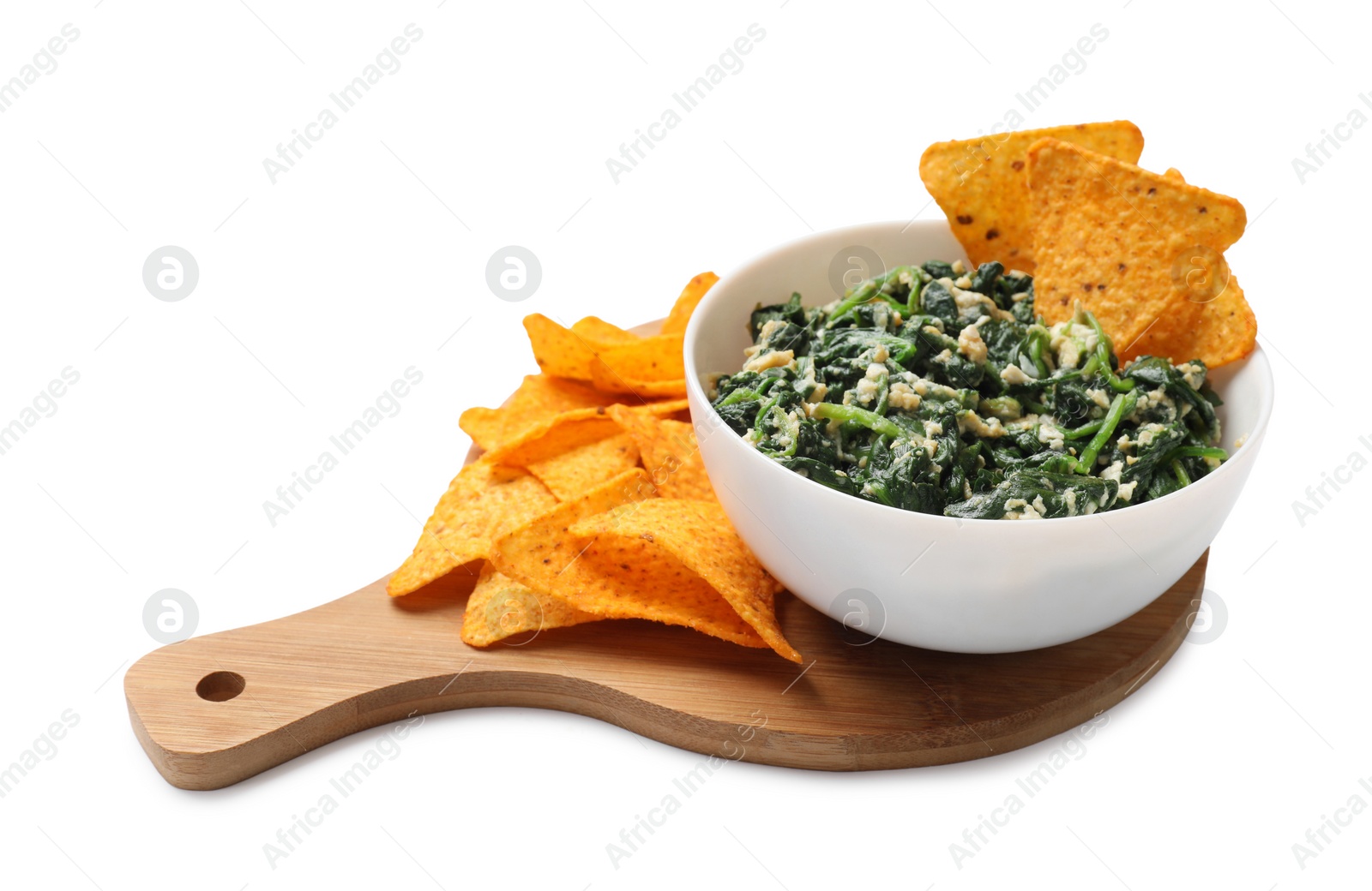 Photo of Tasty spinach dip with eggs in bowl and nachos chips isolated on white