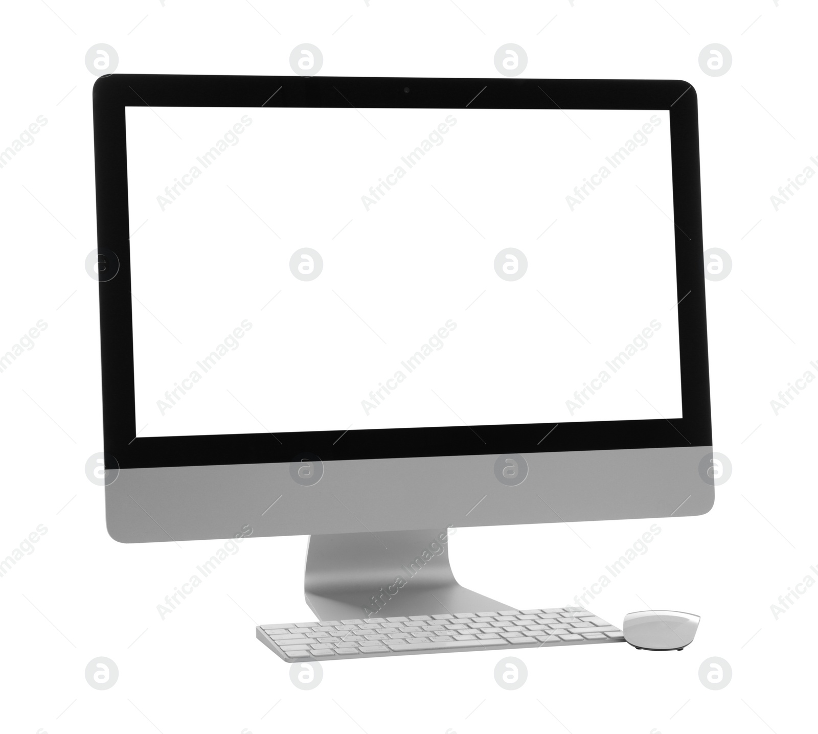 Photo of New computer with blank monitor screen, keyboard and mouse on white background