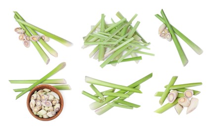 Set with aromatic fresh lemongrass on white background, top view 