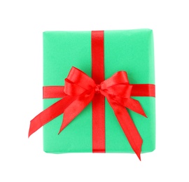 Christmas gift box decorated with ribbon bow on white background, top view