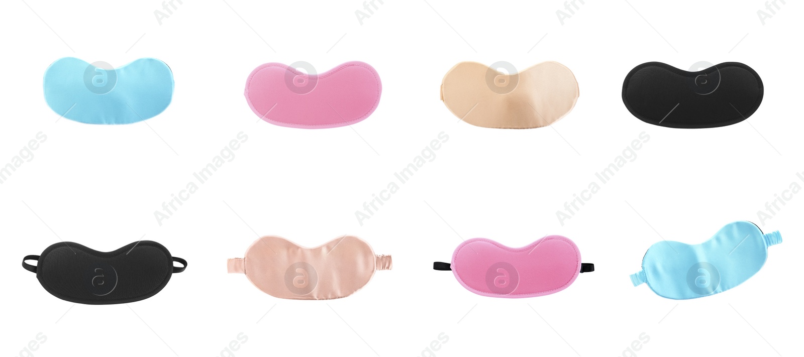 Image of Set of sleeping eye masks on white background. Banner design