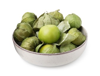 Photo of Bowl of fresh green tomatillos with husk isolated on white