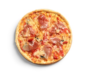 Photo of Tasty hot pizza with meat on white background