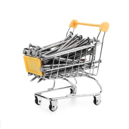 Metal nails in shopping cart isolated on white