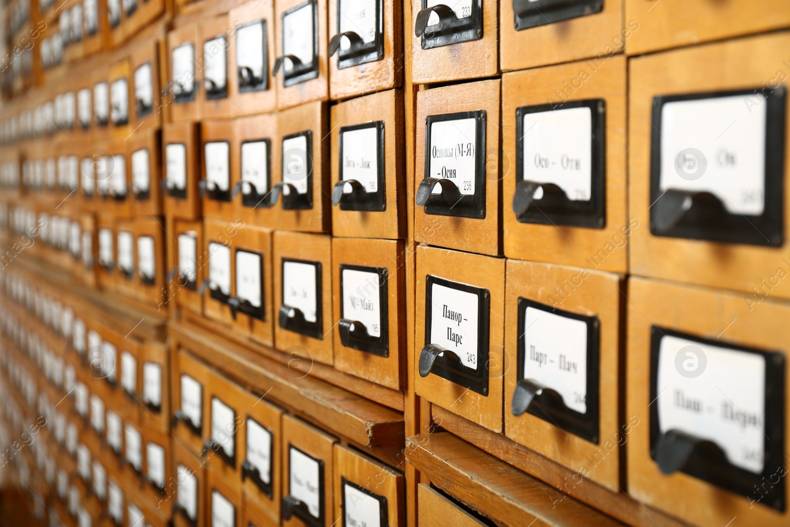 Photo of Closeup view of library card catalog drawers