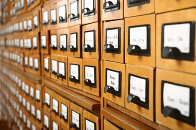 Photo of Closeup view of library card catalog drawers