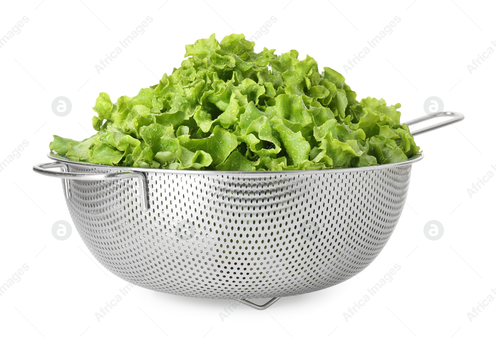 Photo of Metal colander with fresh lettuce isolated on white