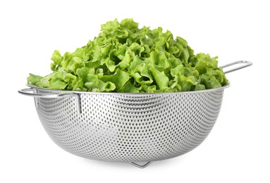 Metal colander with fresh lettuce isolated on white