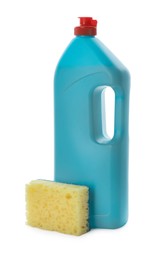 Photo of Bottle of detergent and cleaning sponge on white background