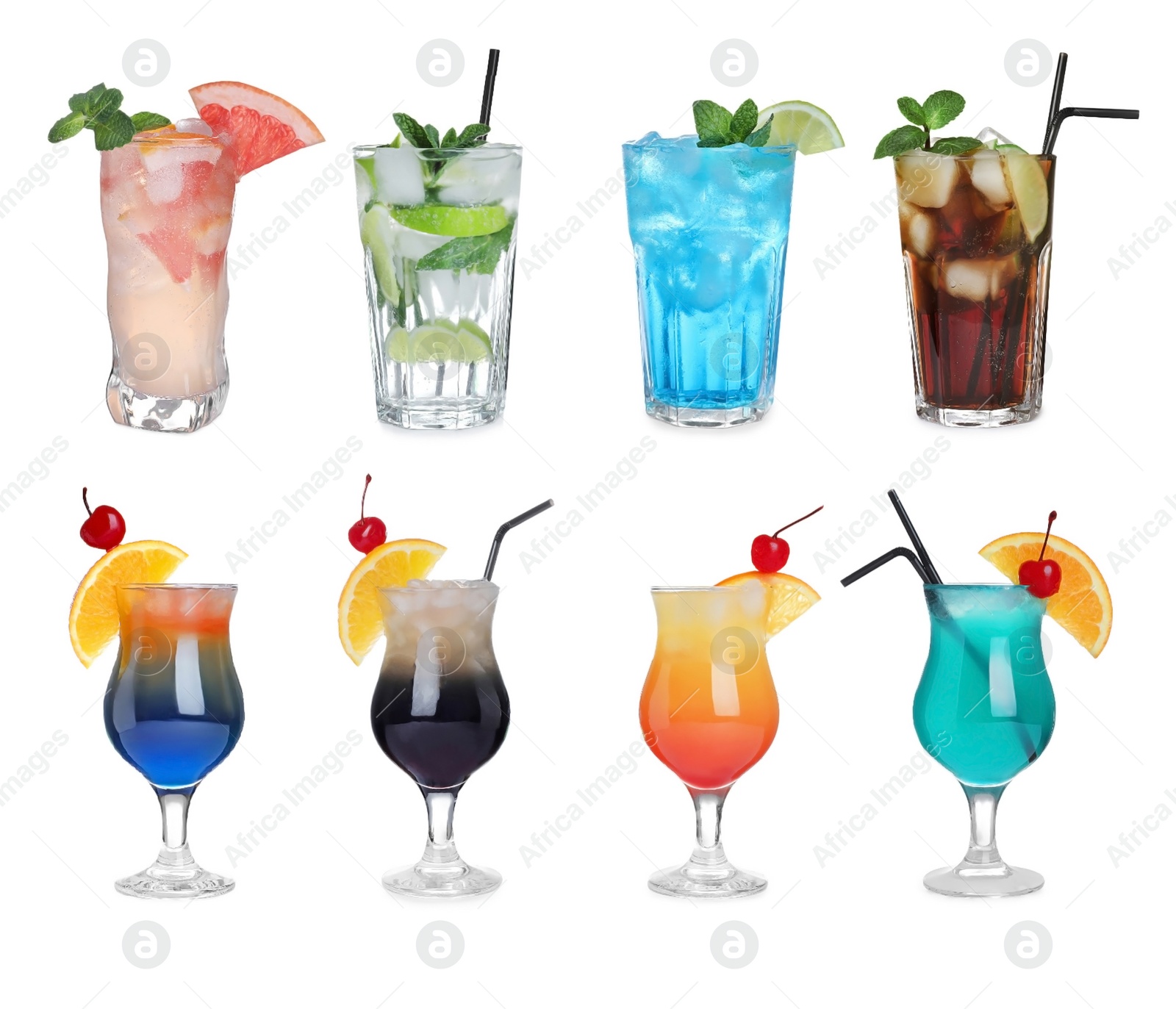 Image of Set of tasty alcoholic cocktails on white background