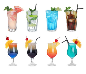 Set of tasty alcoholic cocktails on white background