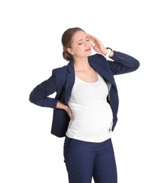 Photo of Young pregnant woman suffering from pain on white background. Working while expecting baby